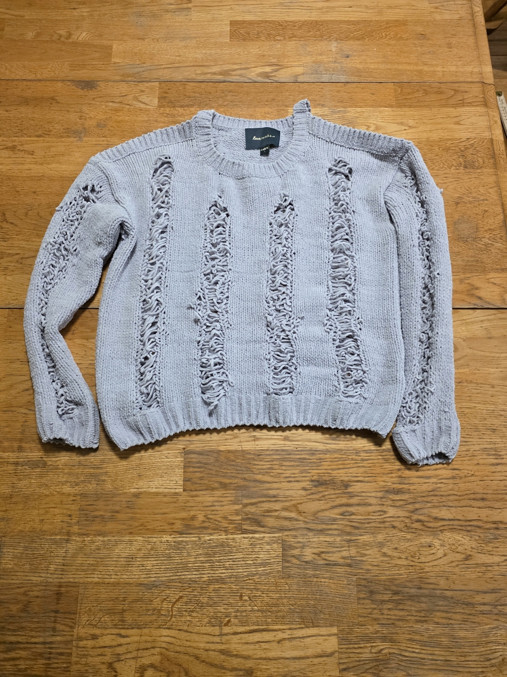 Love Marks Distressed Ladder Rip Open Cold Shoulder Knit Sweater